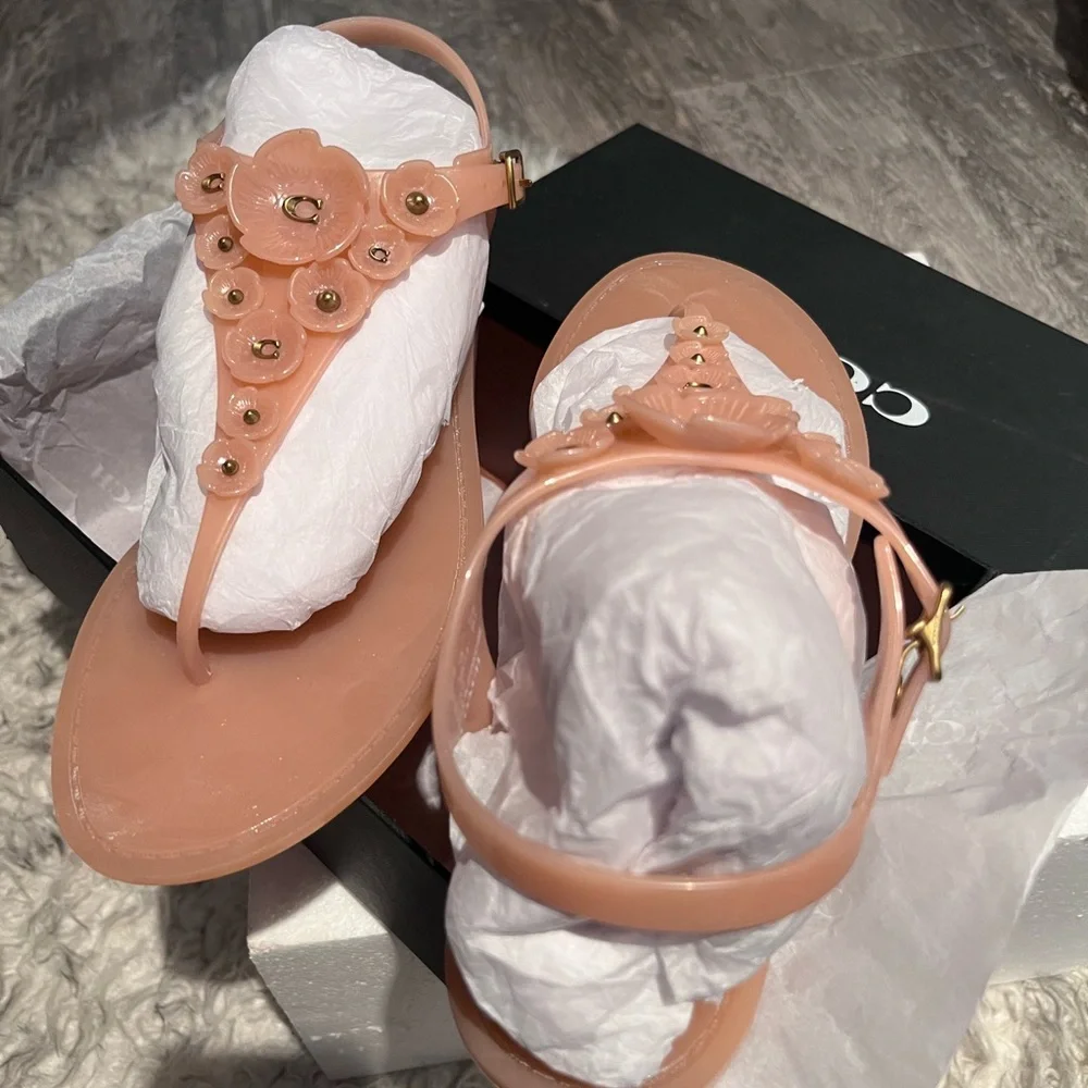 WEEKEND SALE...Coach Peach Jelly T-Strap Floral Sandals
